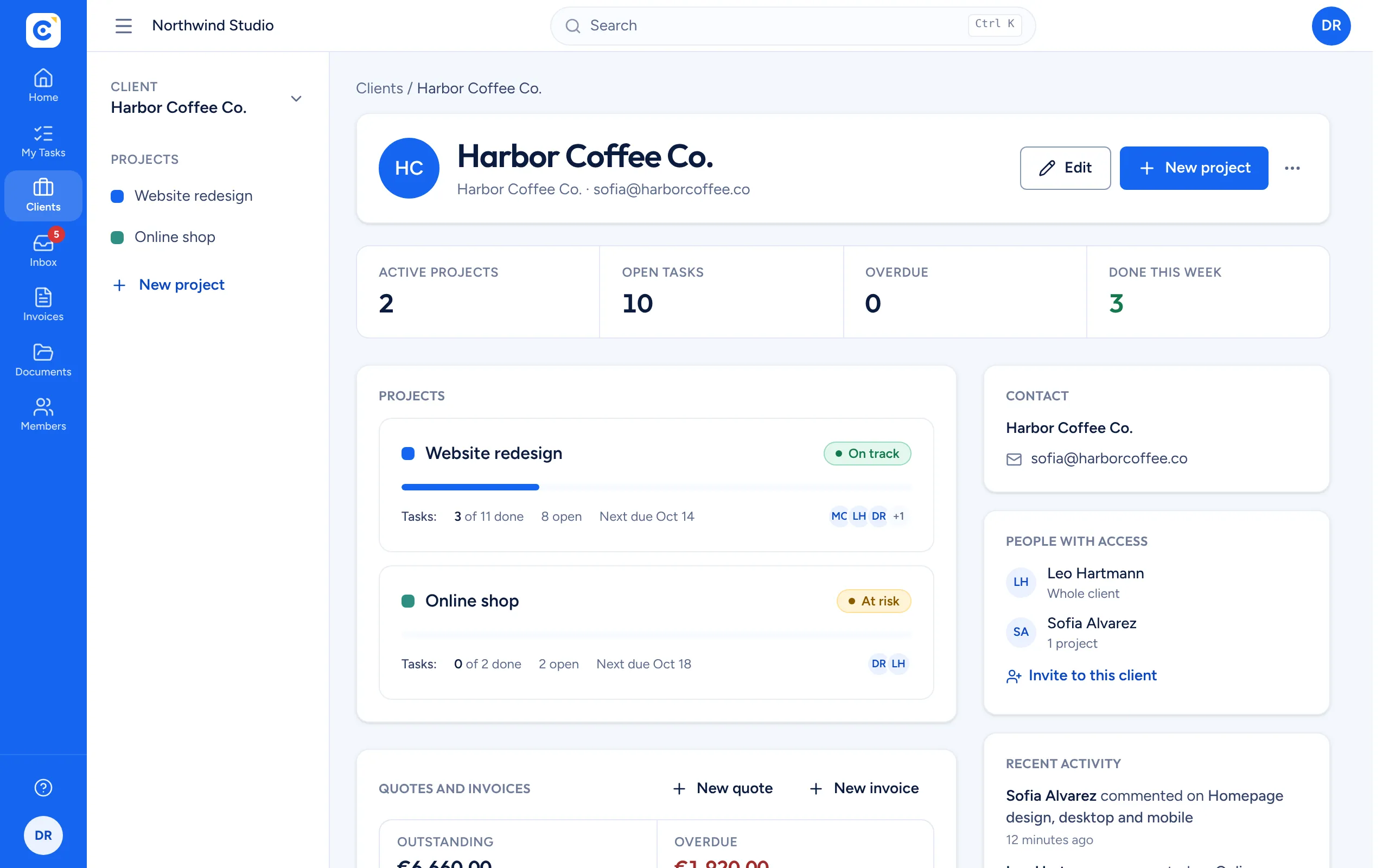 A client page with its projects, people with access, recent activity, and its quotes and invoices