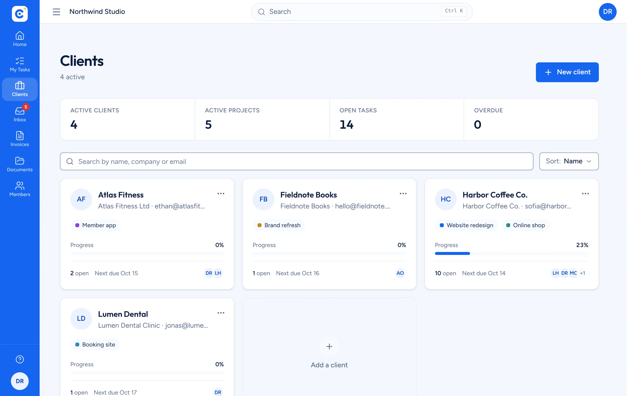 The client list with progress, open tasks and the next due date for each client