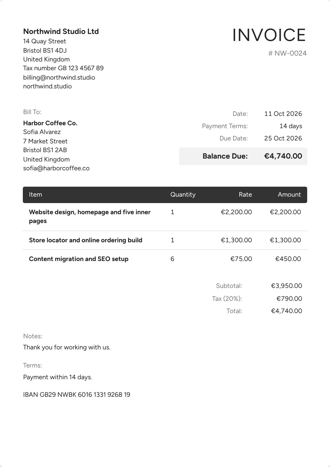 Invoice NW-0024 for Harbor Coffee Co. with a balance due of 4,740 euros