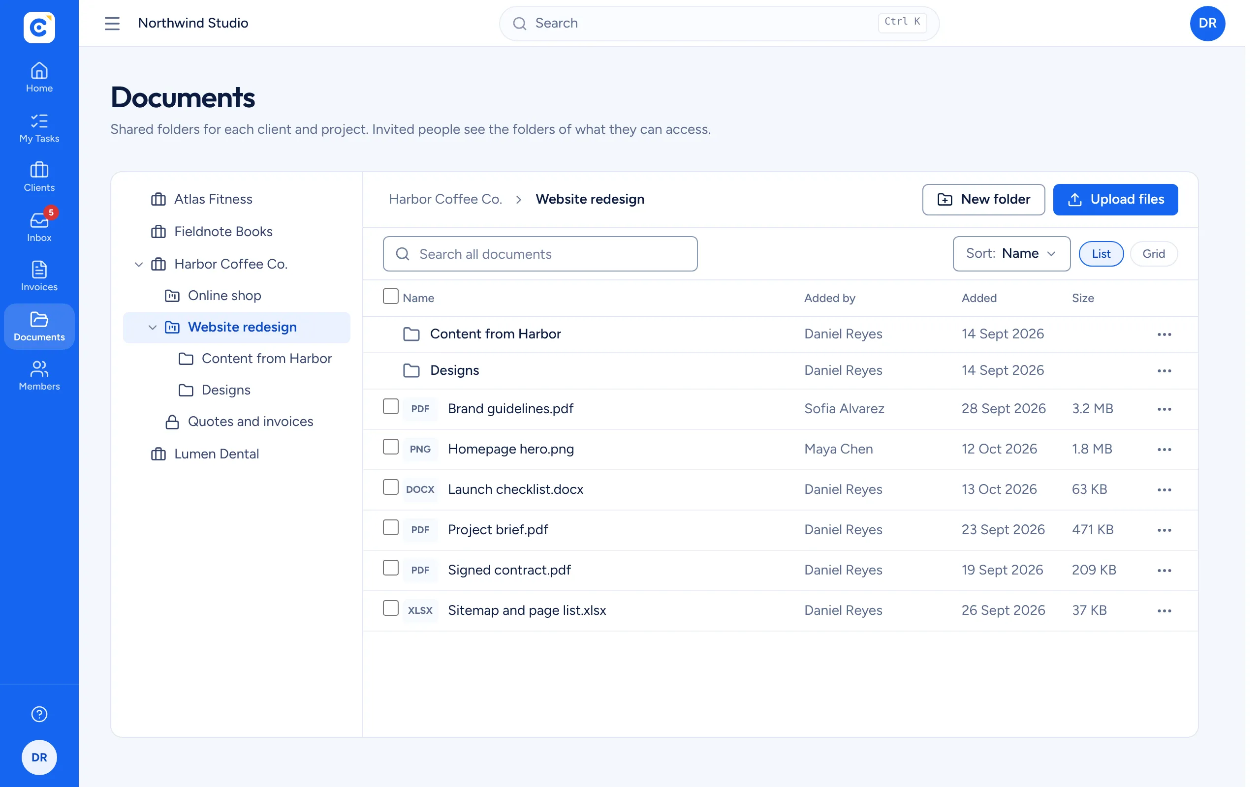 The documents library with a folder for each client and project, and the files in a project folder