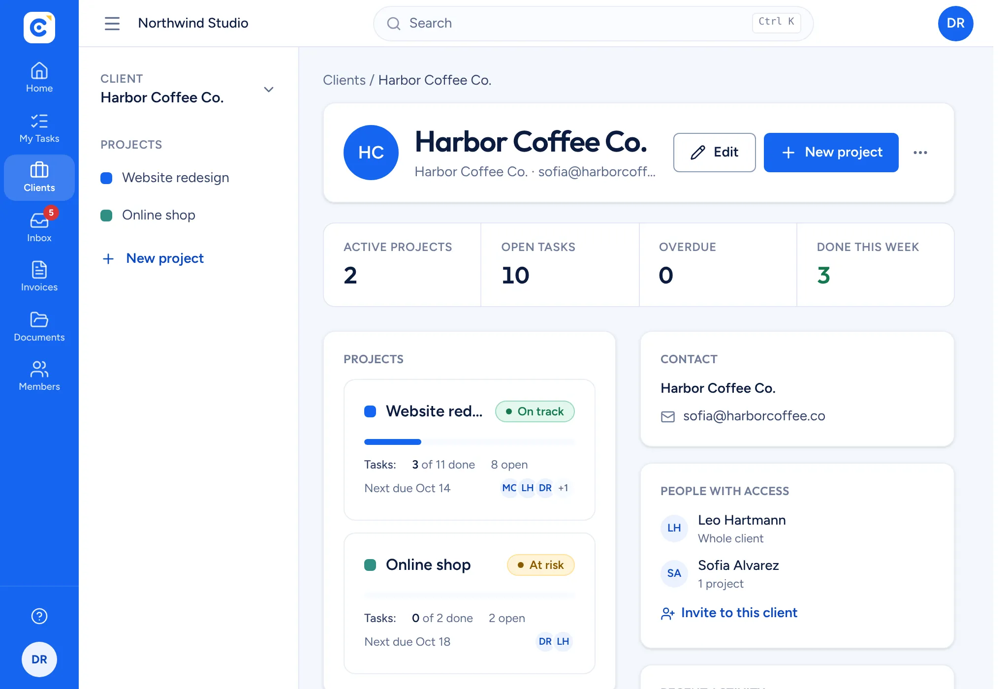 A client page with its projects, open and overdue tasks, contact and the people with access