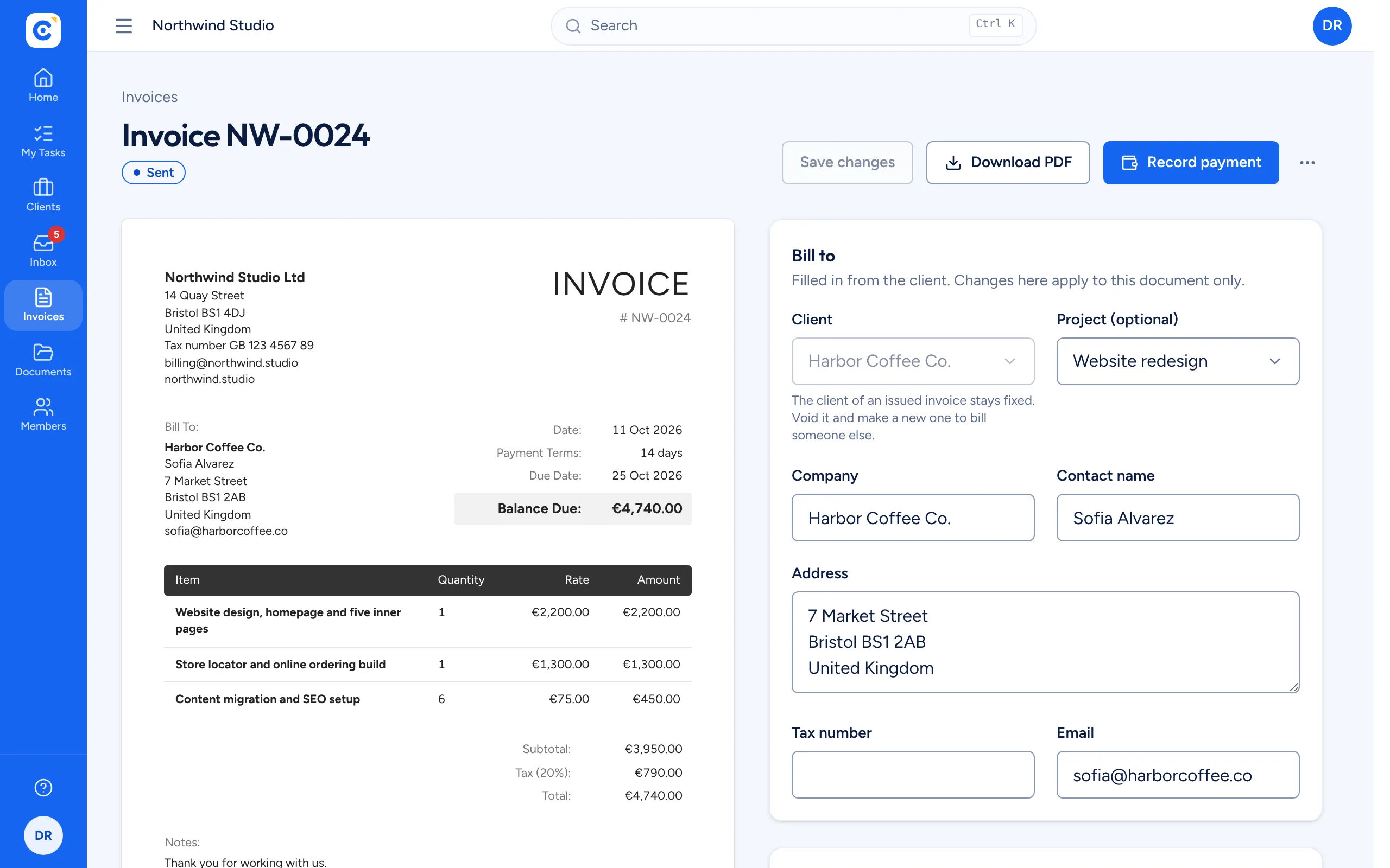 An invoice with line items, tax and balance due, next to the bill to details