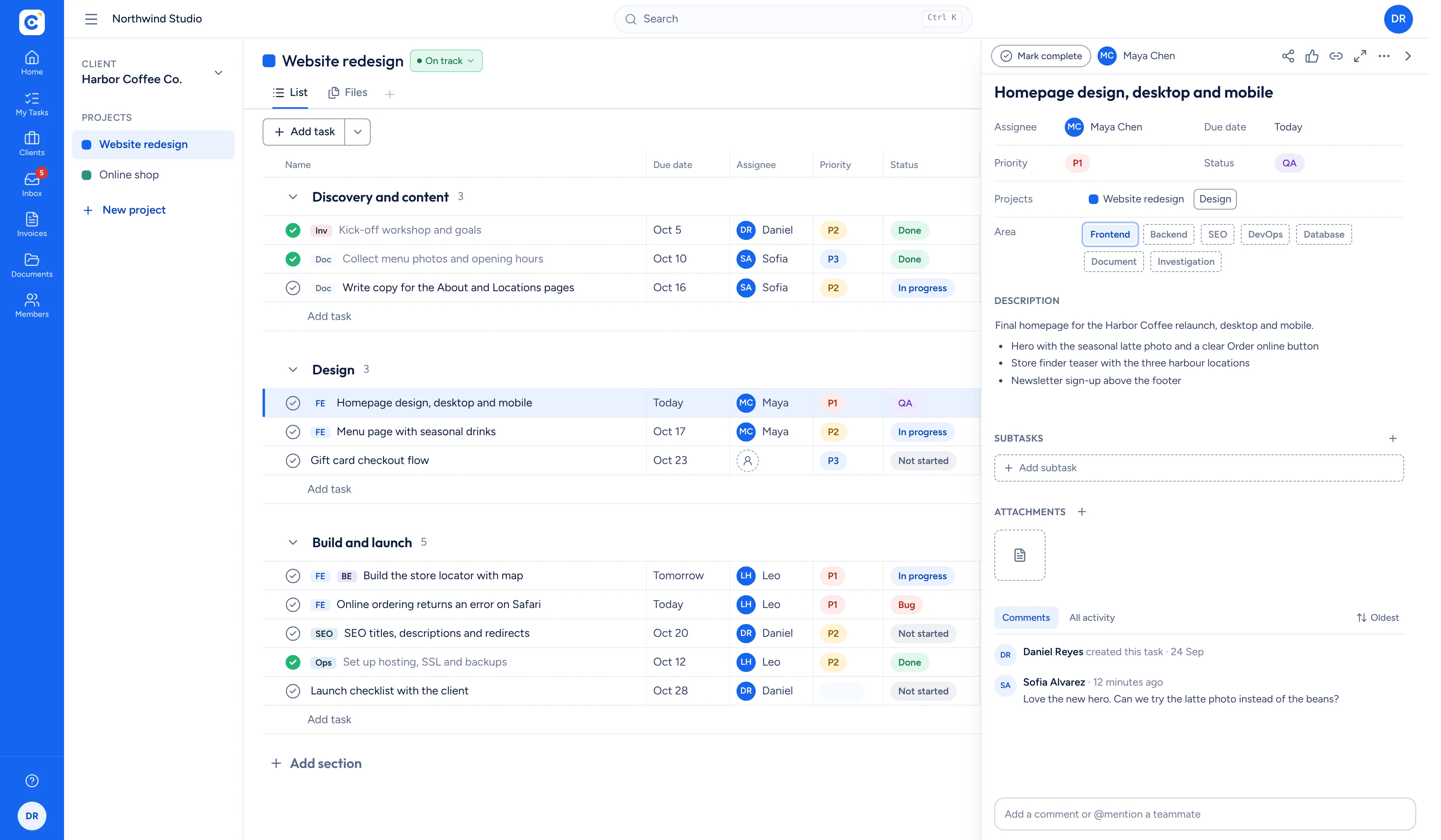 A project task list with due dates, assignees, priority and status, and an open task showing its description and a client comment